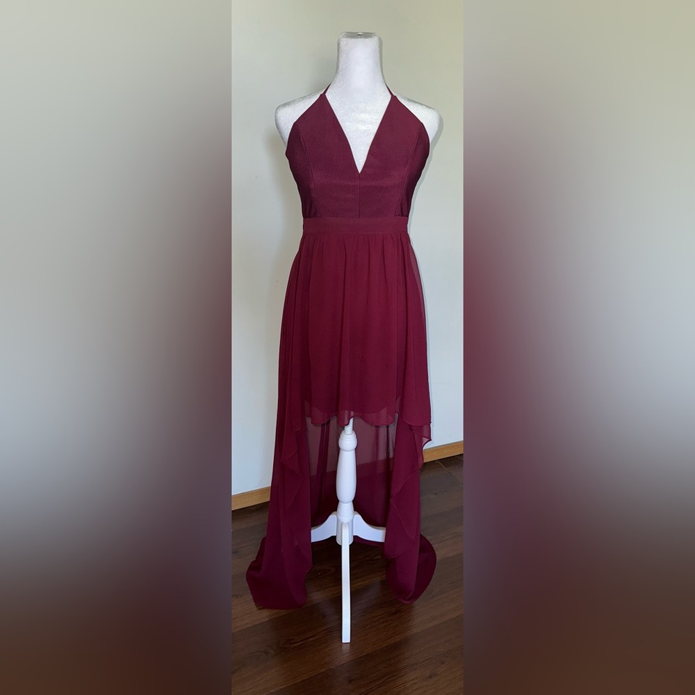 Graceful Burgundy Halter Layered Dress- Honey & Rosie - Picture 2 of 4